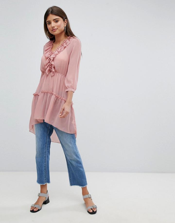 Missguided Frill Detail Longline Blouse - Pink