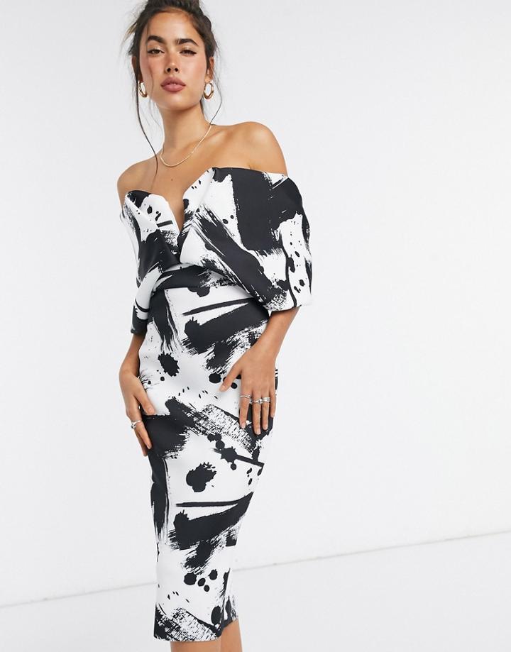 Asos Design Off Shoulder Sweet Heart Bardot V Wire Pencil Midi Dress In Brush Stroke Print-multi