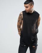 Asos Sleeveless T-shirt With Extreme Dropped Armhole In Textured Linen Look Fabric - Black