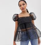 Asos Design Short Sleeve Tiered Organza Top With Ruffle Detail-black