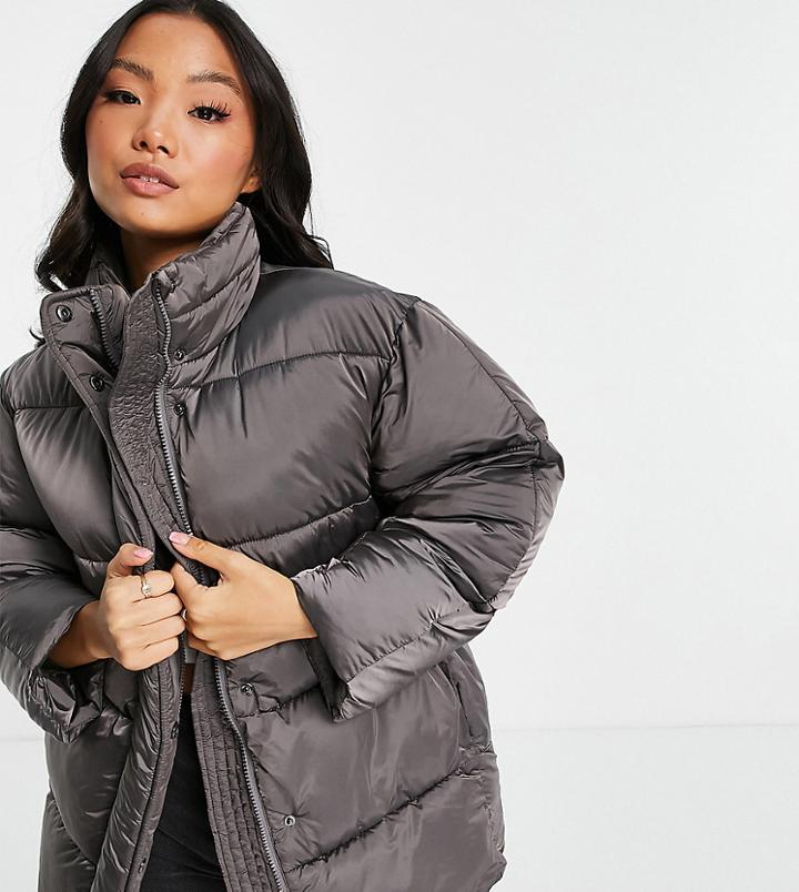 Asos Design Petite Luxe Shiny Oversized Puffer Jacket In Charcoal-grey
