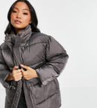 Asos Design Petite Luxe Shiny Oversized Puffer Jacket In Charcoal-grey