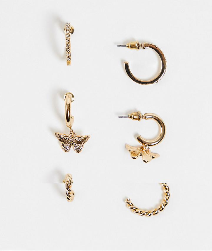 Topshop Butterfly And Pave Mix 3 X Multipack Hoop Earrings In Gold