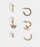 Topshop Butterfly And Pave Mix 3 X Multipack Hoop Earrings In Gold