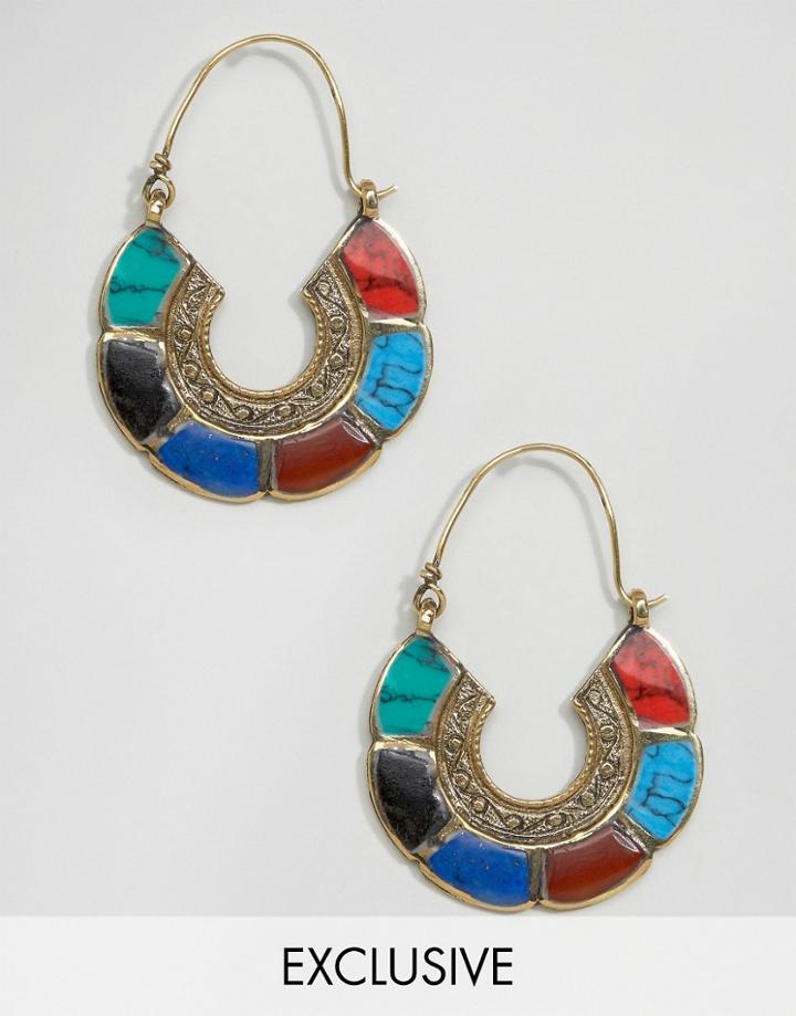 Reclaimed Vintage Handmade Rainbow Brass Hoop Earrings - Multi