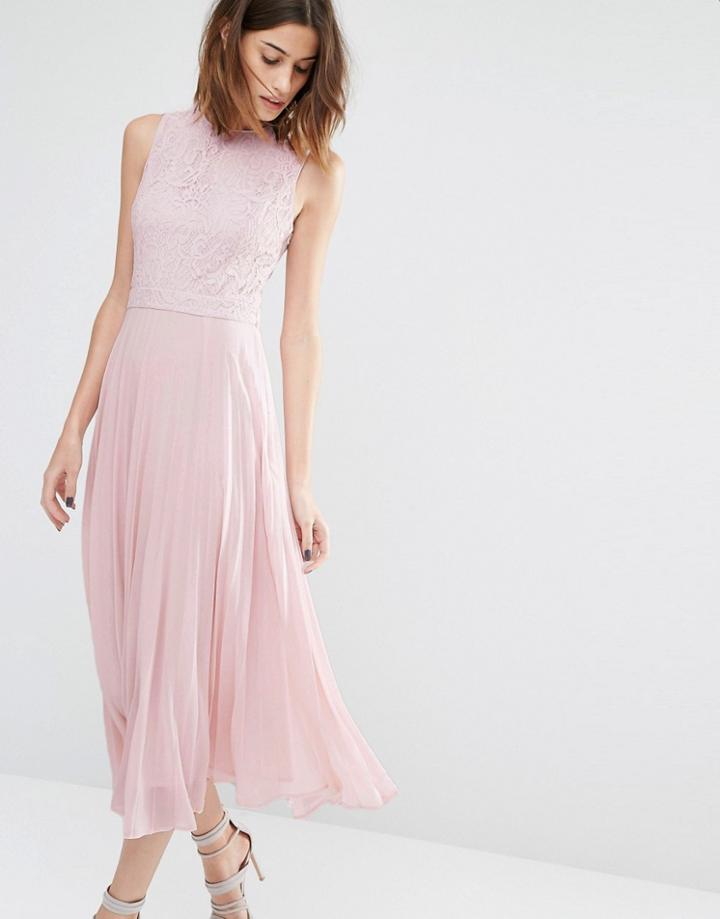 Warehouse Lace Pleated Midi Dress - Pale Pink