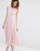Warehouse Lace Pleated Midi Dress - Pale Pink