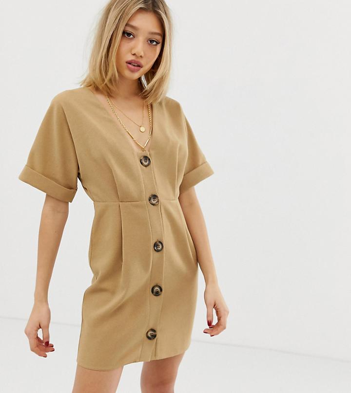 Asos Design Petite Button Through Mini Wiggle Dress - Beige