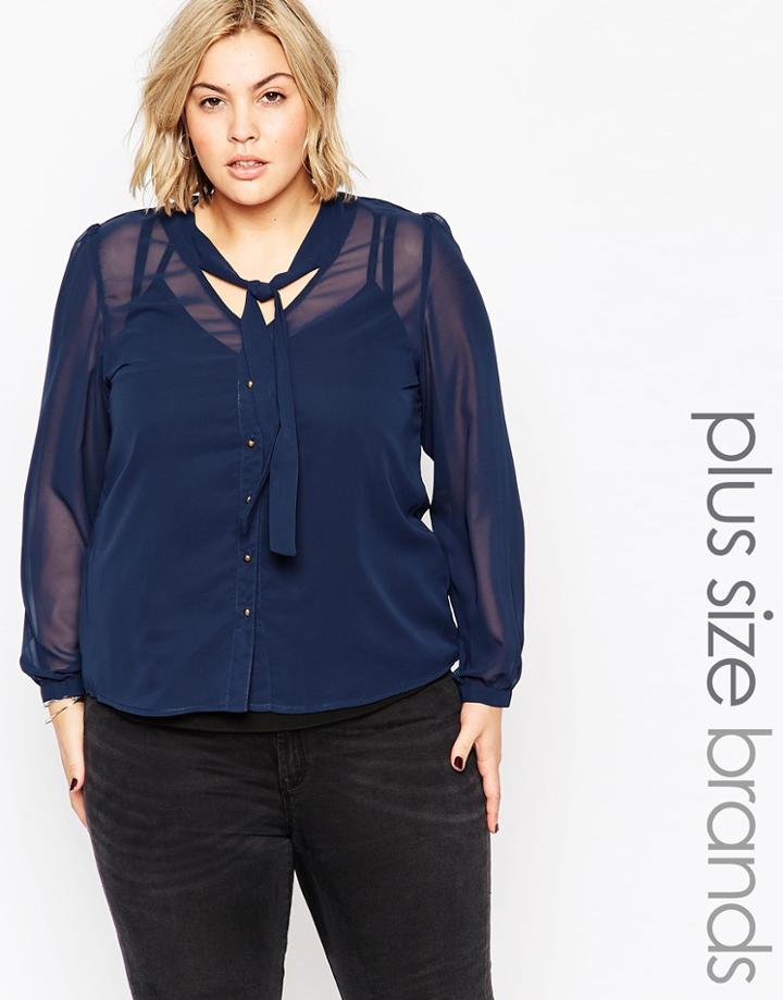 Brave Soul Plus Pussy Bow Blouse - Navy