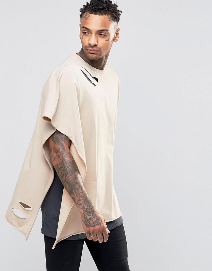 Asos Extreme Oversized Cape T-shirt With Distressing And Raw Edge - Blonde