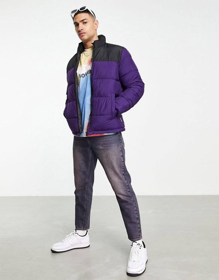 Jack & Jones Originals Stand Collar Puffer In Purple Color Block