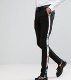 Asos Tall Super Skinny Suit Pants With Teal Floral Print Velvet Side Stripe - Blue