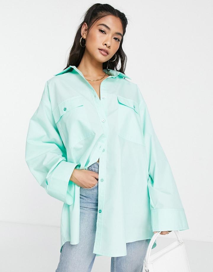 Asos Design Oversized Shirt With Wide Cuff Detail In Mint-blue
