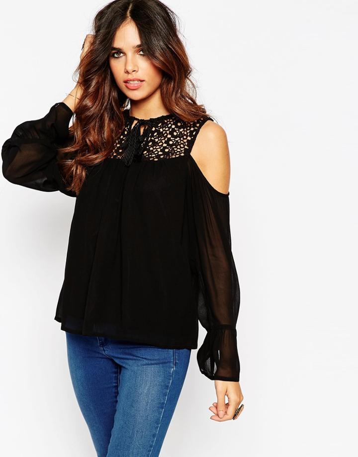 Asos Cold Shoulder Lace Insert Top - Black