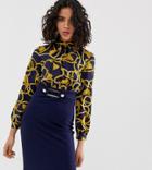 River Island Pencil Dress With High Neck In Chain Print - Navy