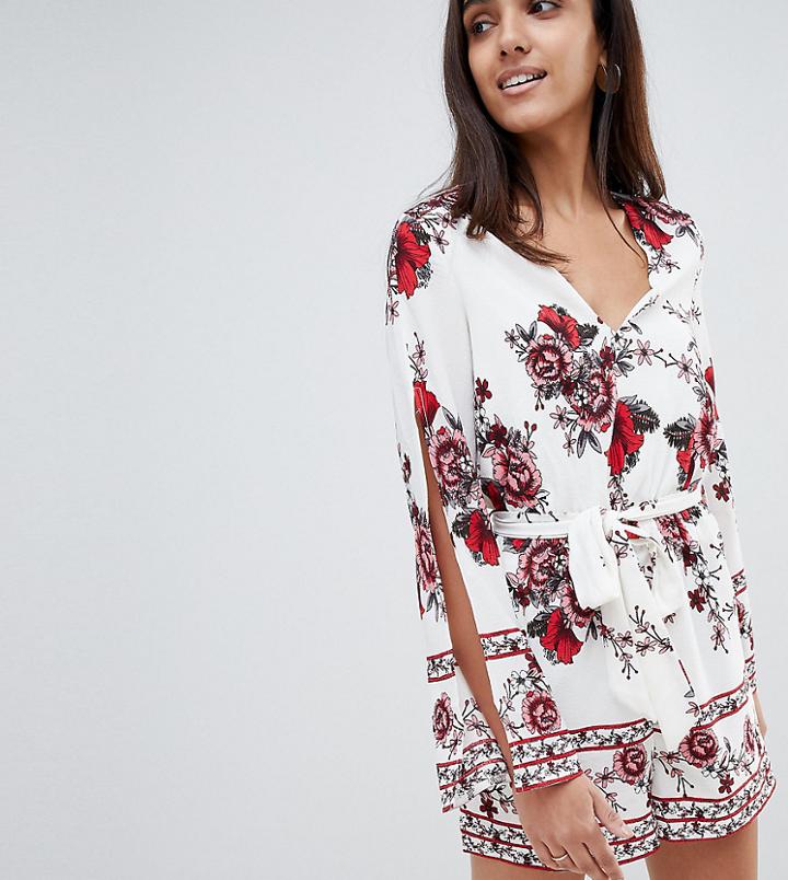 Parisian Tall Border Print Romper With Tie Waist - White