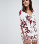 Parisian Tall Border Print Romper With Tie Waist - White