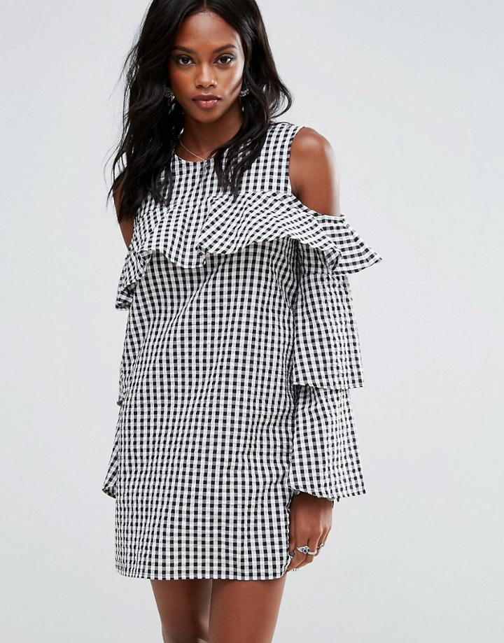 Missguided Layered Frill Gingham Cold Shoulder Dress - Black