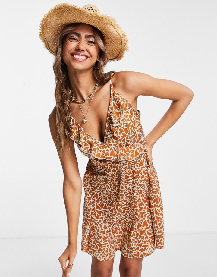 Qed London Frill Wrap Cami Mini Dress In Heart Print-multi