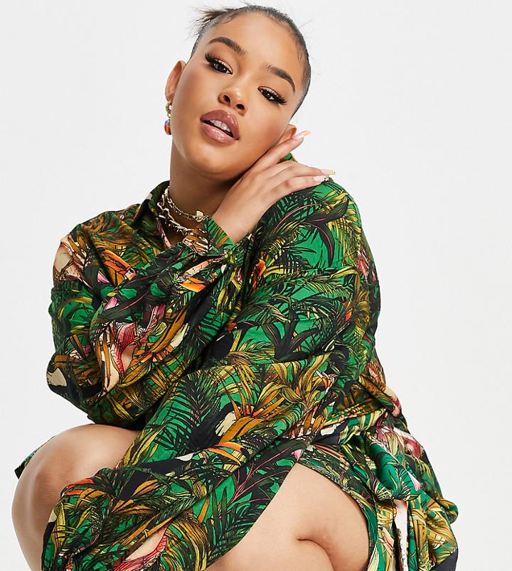 Never Fully Dressed Plus Balloon Sleeve Shirt In Tropical Print - Part Of A Set-multi