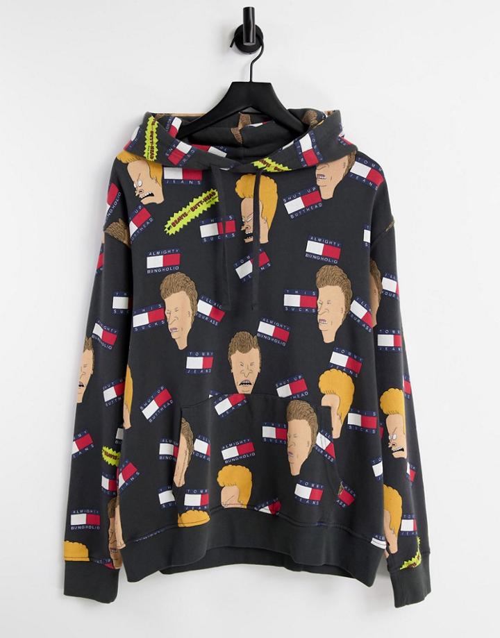 Tommy Jeans X Beavis Unisex All Over Print Hoodie In Black