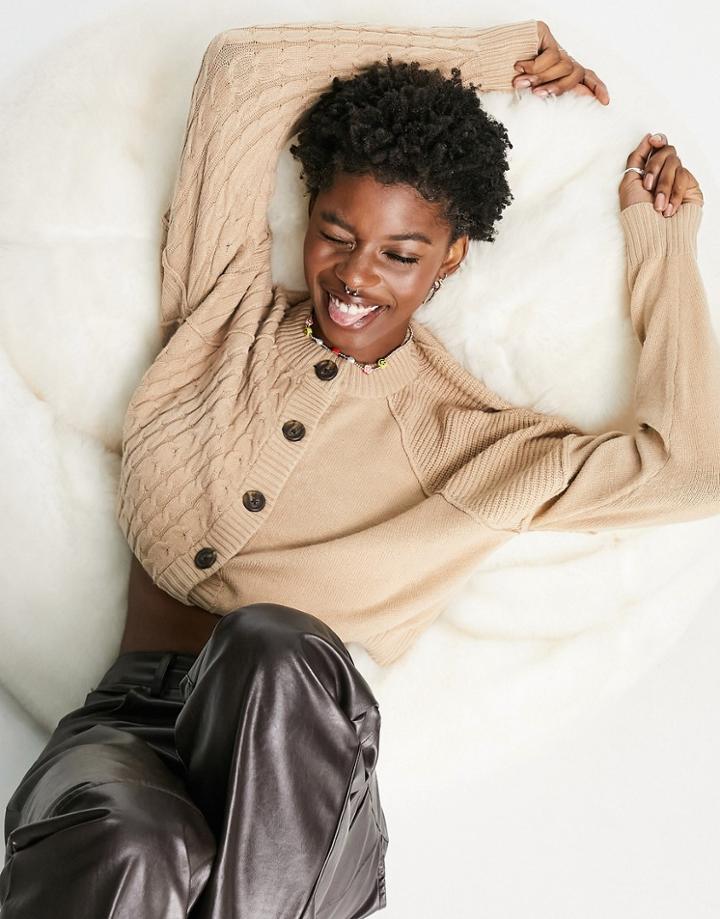 Noisy May Cable Knit Button Up Cardigan In Beige-neutral