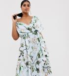 Asos Design Curve Fallen Shoulder Prom Dress With Tie Detail In Floral Print - Multi