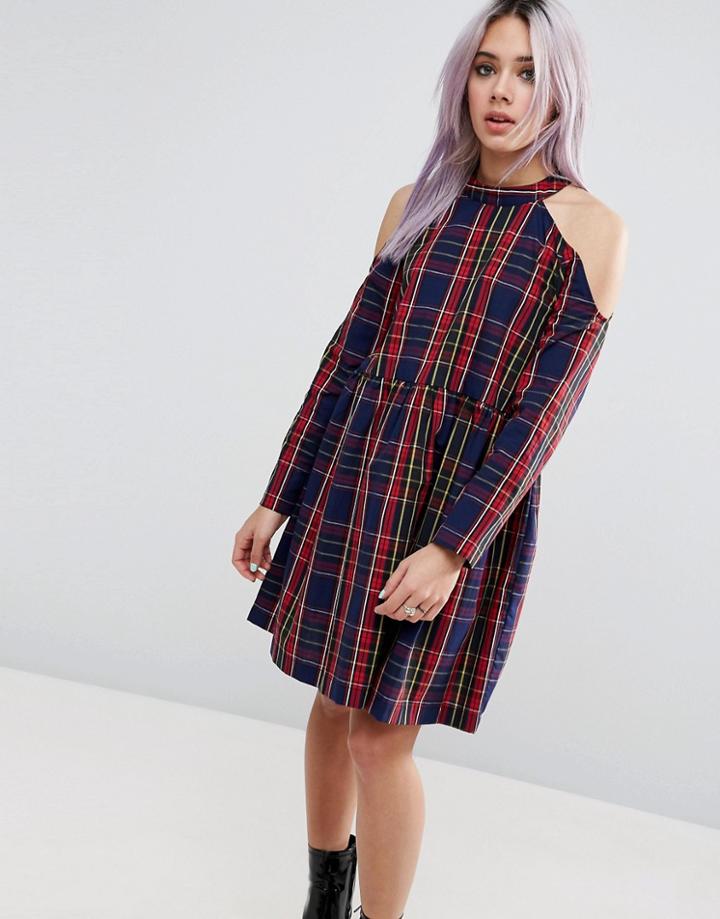 Asos Cold Shoulder Cotton Check Smock Dress - Multi