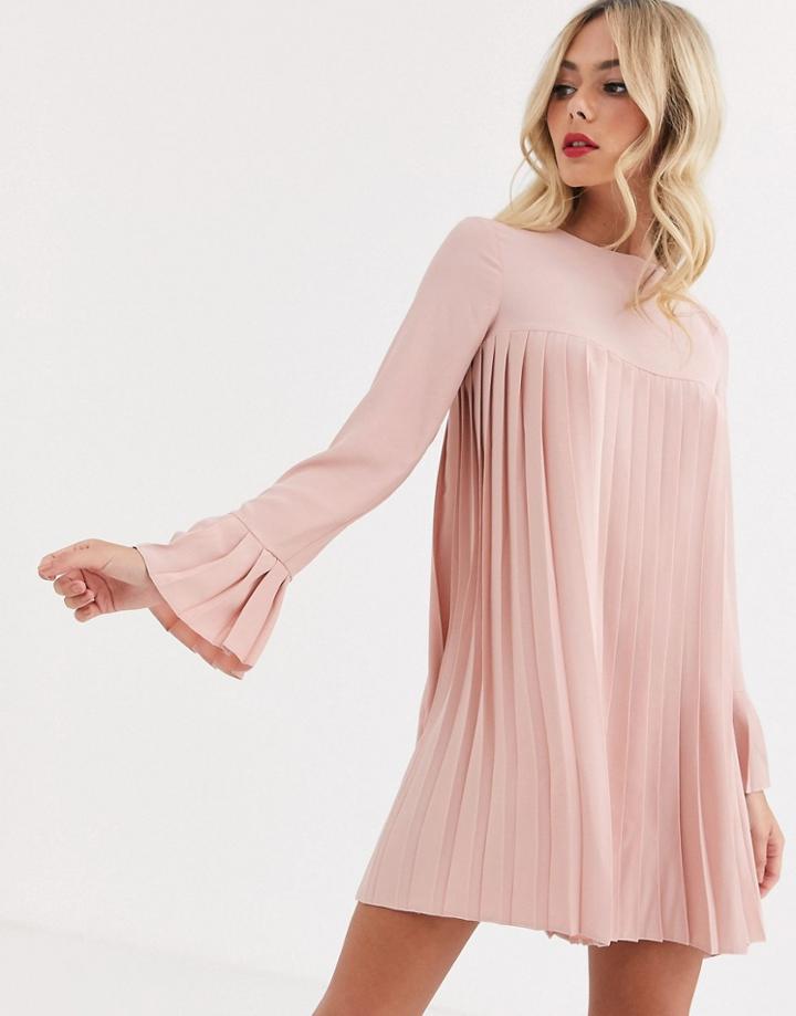 Asos Design Pleated Trapeze Mini Dress With Long Sleeves-pink