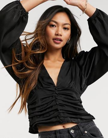 Forever U Silky Blouse With Ruched Detail In Black