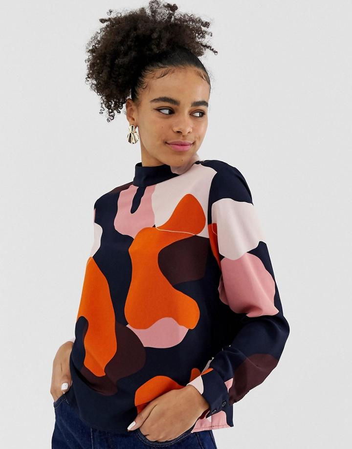 Monki High Neck Top In Multi Camo Print - Multi