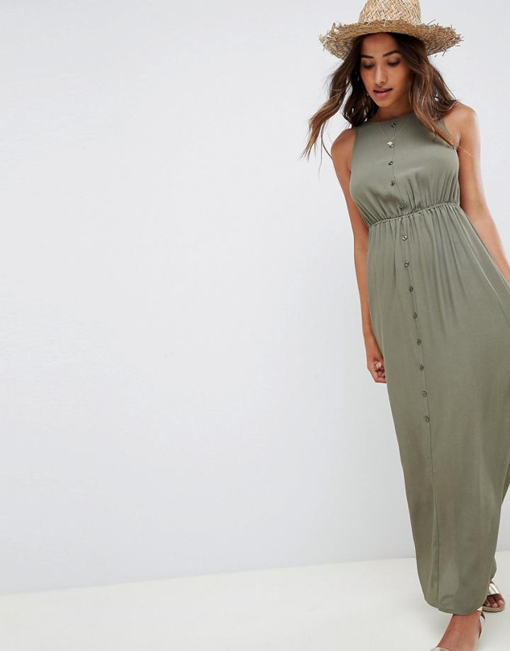 Asos Design Button Through Bow Back Maxi Dress - Green