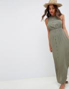 Asos Design Button Through Bow Back Maxi Dress - Green