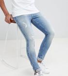 Asos Design Tall Super Skinny Jeans In Mid Wash Vintage Blue With Abrasions - Blue