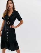 Asos Design Button Through Linen Midi Dress With Pephem And Belt - Black