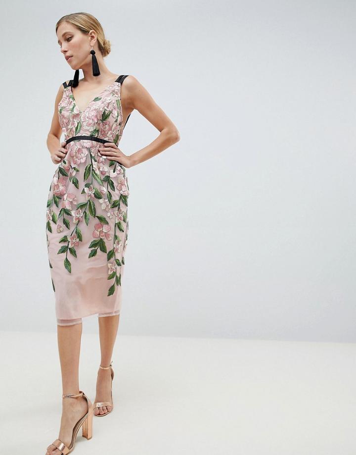 Asos Design Floral Embroidered Pencil Midi Dress-multi