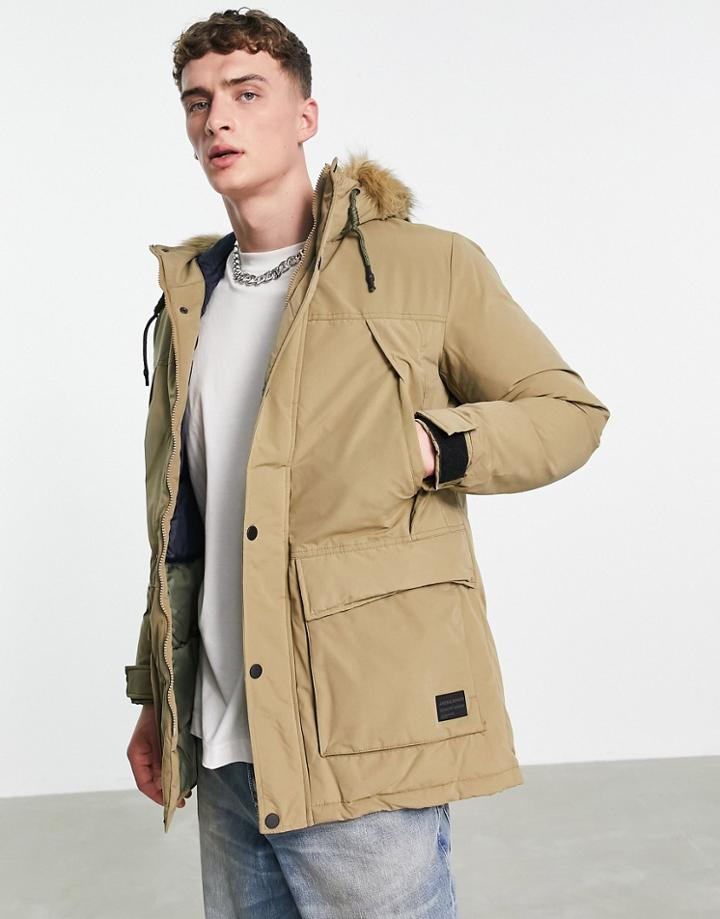 Jack & Jones Originals Parka With Faux Fur Trim Hood In Beige-neutral