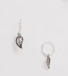 Asos Design Sterling Silver Hoop Earrings With Hanging Leaf Charm - Silver