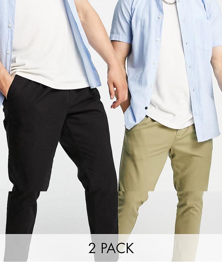 Asos Design 2 Pack Cigarette Chinos With Pleats In Black And Khaki Save-multi