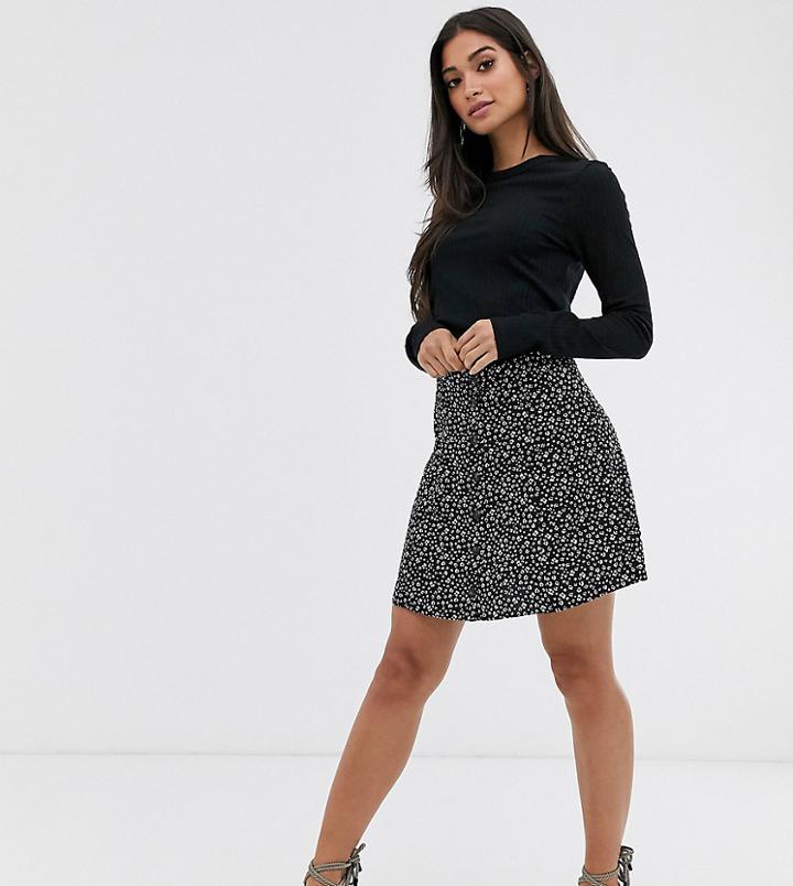 Asos Design Petite Mono Floral Mini Skirt With Horn Buttons-multi