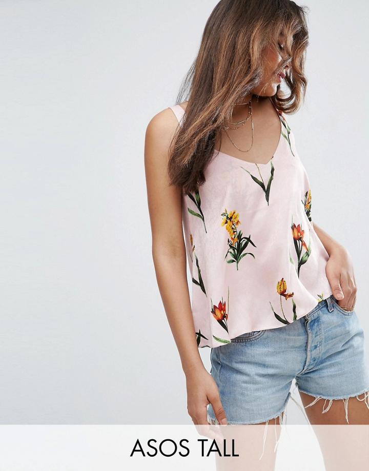Asos Tall Swing Satin Cami In Pretty Floral - Multi