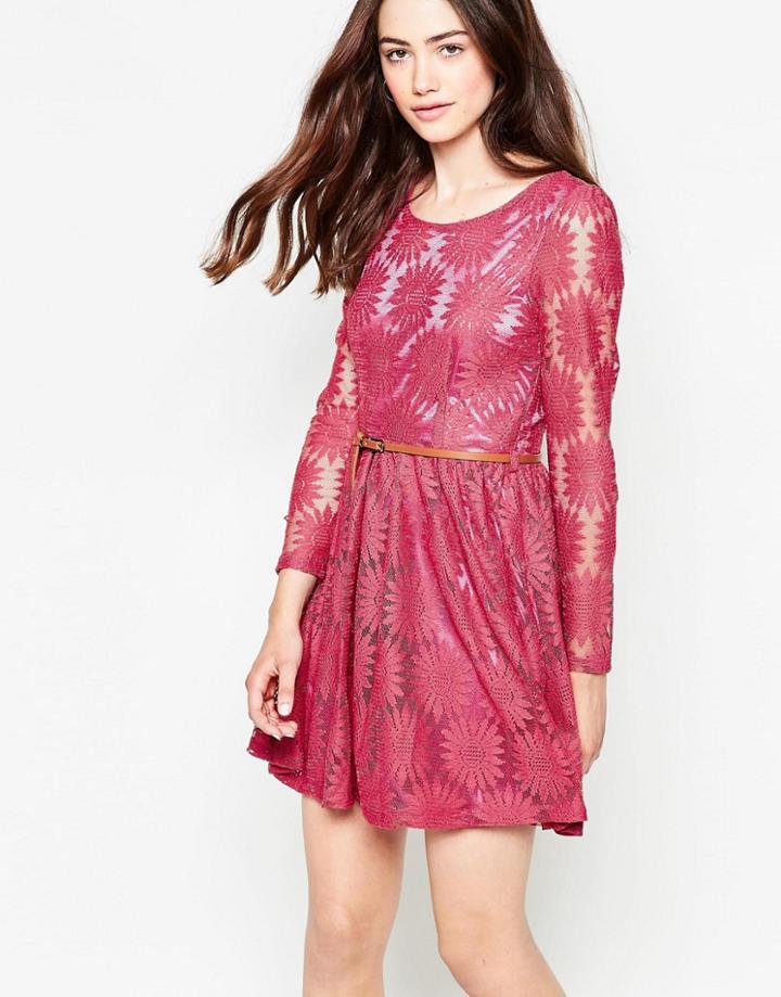 Mela Loves London Belted Floral Lace Dress With Long Sleeves - Pink