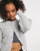 Asos Design Chunky Ribbed Crew Neck Cardigan In Gray-grey