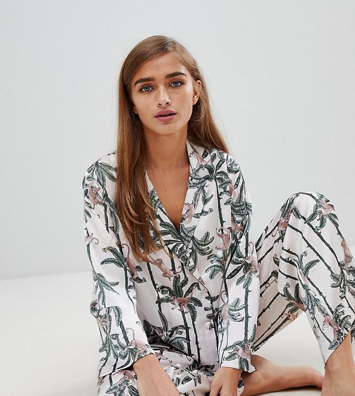 Asos Design Petite Monkey Print Double Breasted Shirt And Pants Pyjama Set - Beige