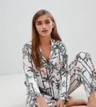 Asos Design Petite Monkey Print Double Breasted Shirt And Pants Pyjama Set - Beige