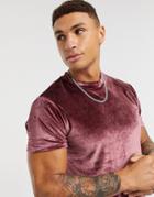 Asos Design Velour T-shirt In Burgundy-red