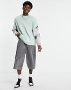Asos Design Knitted Heavyweight Fluffy Sweater With Checkerboard Sleeves-green