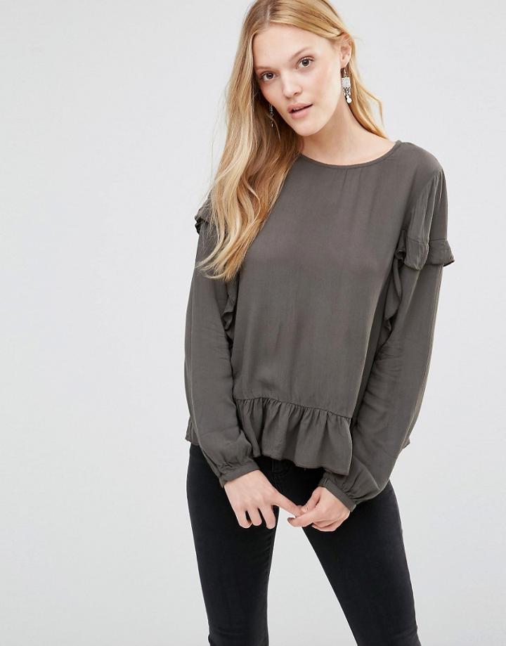 Vero Moda Tenna Ruffle Sweater In Beluga - Green