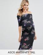 Asos Maternity Tall Bardot Dress With Half Sleeve In Floral Print - Multi