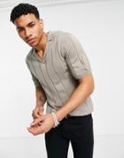 Asos Design Knitted Wide Rib Revere Polo Shirt In Putty-neutral